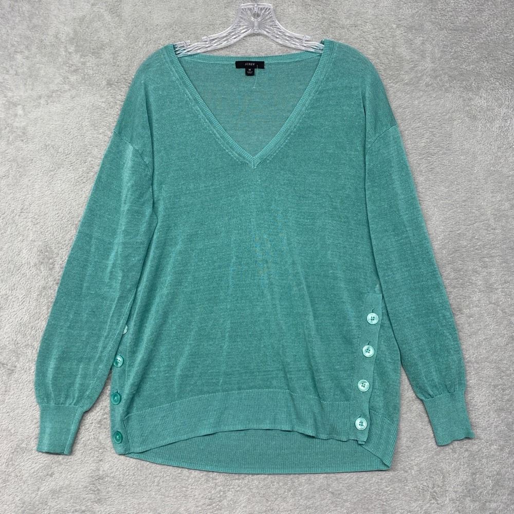 J‎ Crew Sweater Womens Medium Green Button V Neck Linen Blend Top Casual Coastal